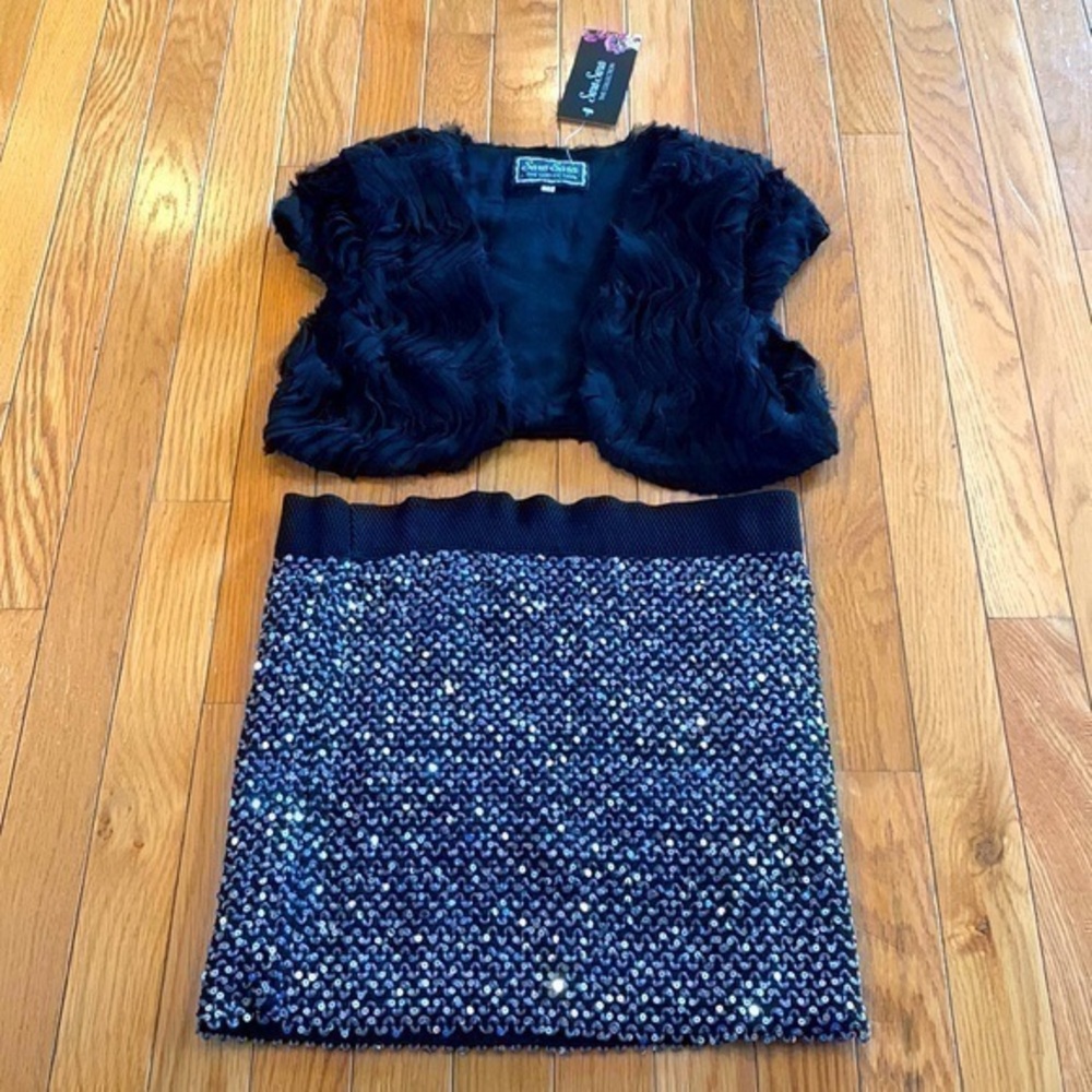 New Sara Sara Outfit Silver Sequin Mini Skirt size 14 & Black Open jacket sz 16